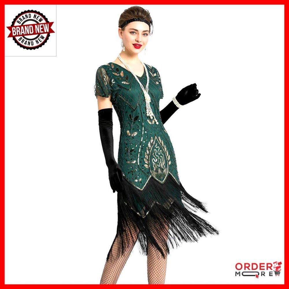 1920s Flapper Dress with Sequin Beads and Fringe, Gatsby Inspired Cocktail Gown